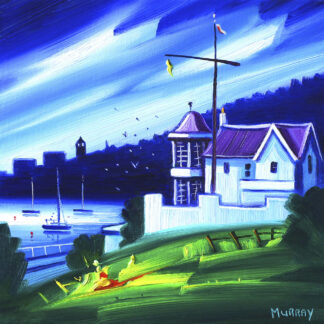 A vibrant painting depicting a coastal scene with a lighthouse, house, boat, and a green hill under a dynamic, star-filled sky. By Raymond Murray